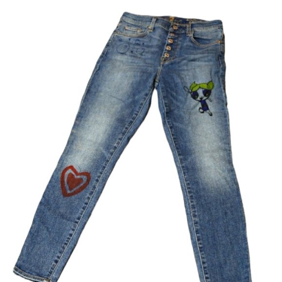 7 for all man Kind Custom Powerpuff Girls OOAK Art Work Jean High Rise Skinny 27 - Picture 1 of 15
